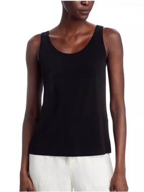 Eileen Fisher 100% silk Georgette crepe Black Scoop Neck Tank Top NWT